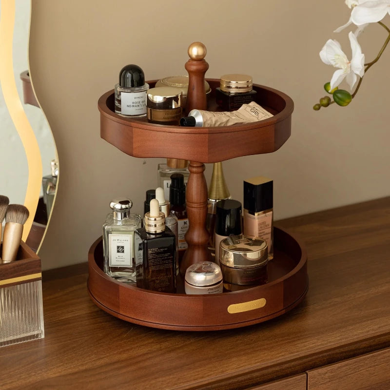 handmade Rotating Makeup Organizer Premium Wooden Cosmetic Storage Box 360° Spinning Jewelry Display Case Skincare & Perfume Organizer