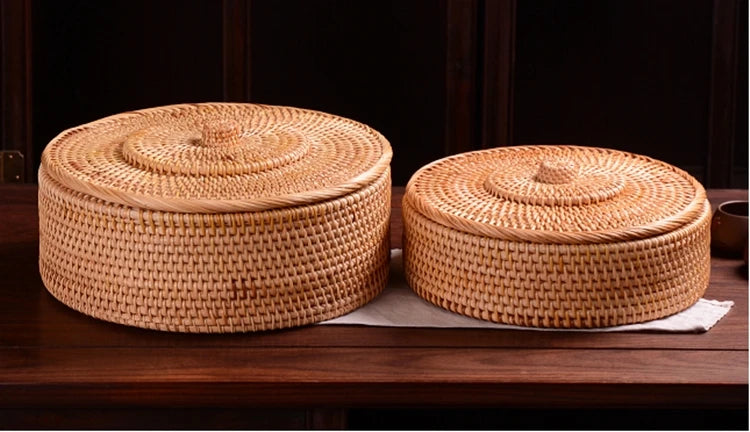 handmade rattan basket storage New Hand-woven Basket Primary Colours Simple Retro Rattan Storage Boxes with Lids Jewelry Tea Set Storage Boxes Household Items