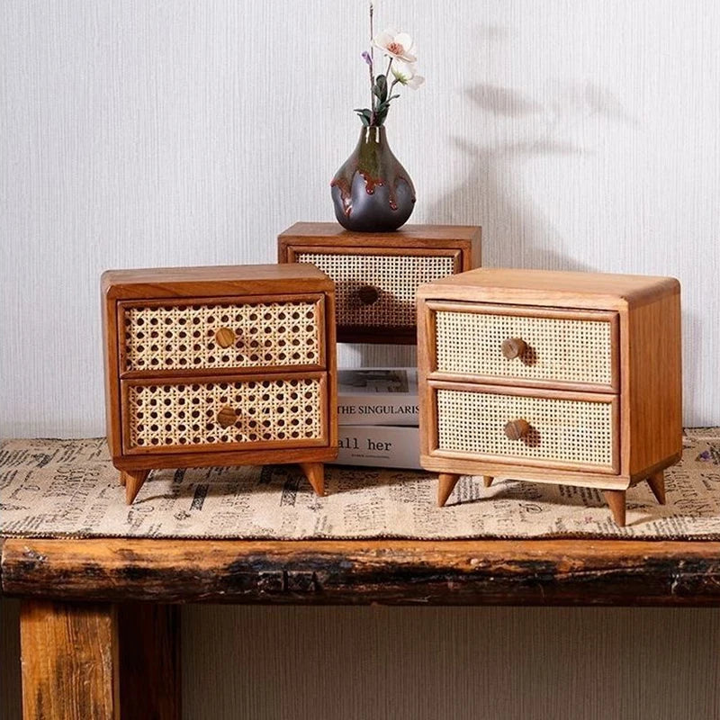 HANDMAME Desktop Wooden Storage Cabinet Retro Imitate Rattan Storage Box with Drawer Home Decor Sundries Organize Boxes Stationery Holder