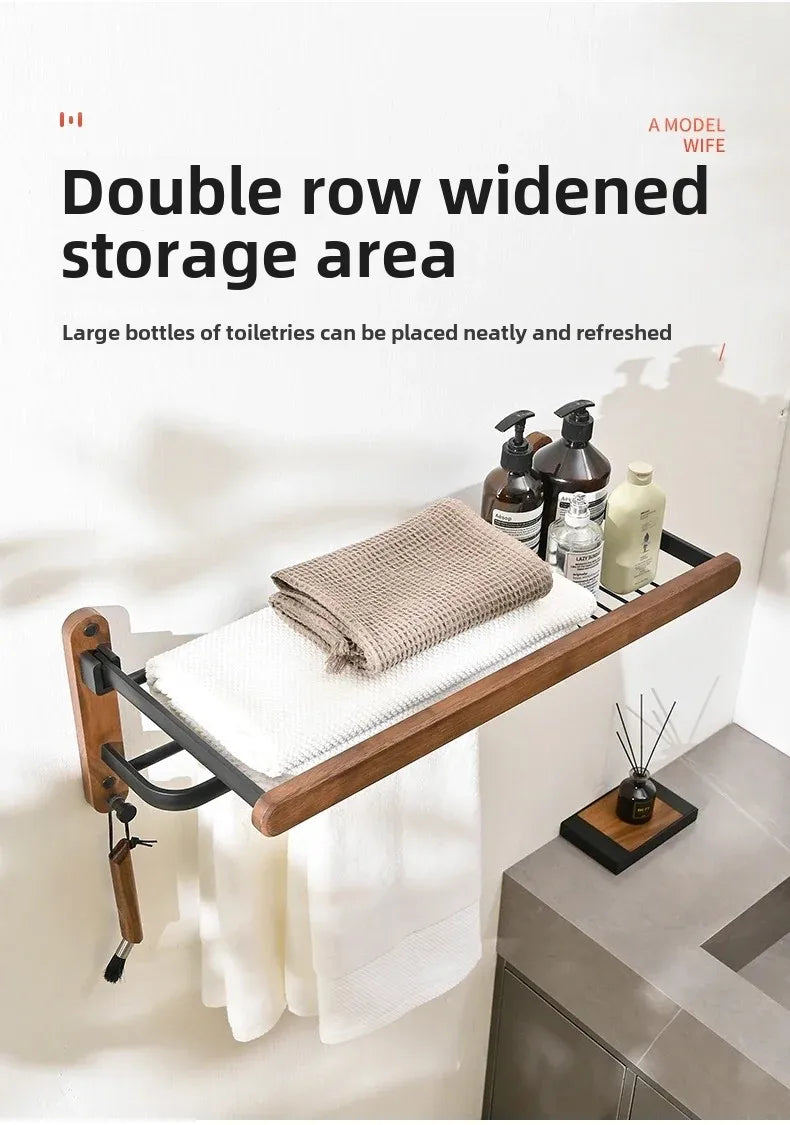 handmade Walnut Wood Towel Holder Non Punching Rack Waterproof Moisture-proof Bathroom Storager Foldable Shelves High Load-bearing Hanger