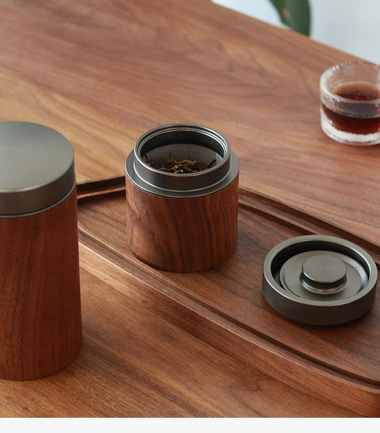 HADNMADE  Black Walnut Wood Tea Can – Premium Mini Tea Bin Aluminum Lid Sealed Storage Vintage Leaf Holder