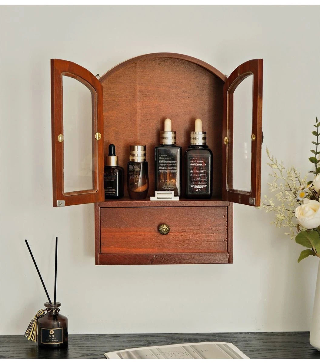 handmade Wall-mounted Wood Storage Cabinet Retro Desktop Storage Holder Rack Dustproof Sundries Cosmetic Storage Box Doll Toy Showcase