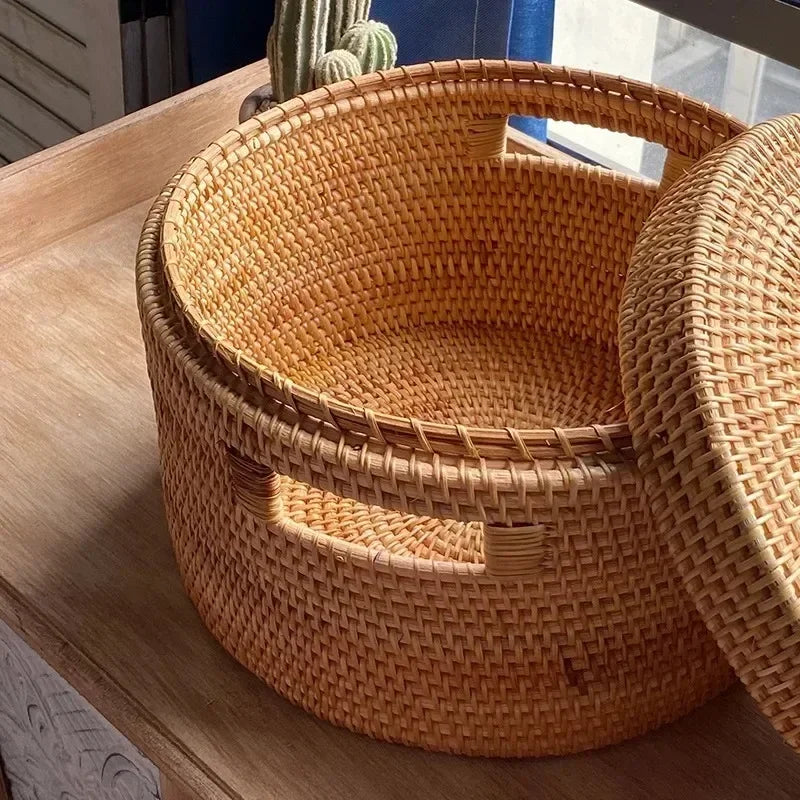 handmade Hand-Woven Rattan Laundry Basket with Cover Large Clothing Sundry Books Primary Color Storage Basket Home Supplies
