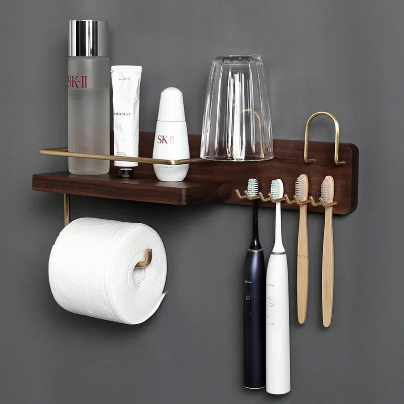 HANDMADE BATHROOM STORAGE WALL Black Walnut Electric Toothbrush Holder Multi Functional Wall-Mounted Gargle Cup and Paper Towel Storage Rack for Bathroom