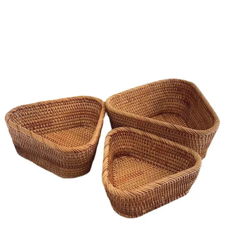 handmade Handwoven Rectangular Rattan Wicker Basket Fruit Tea Snack Bread Picnic Cosmetic Storage Box Kitchen Supplies Household Tools
