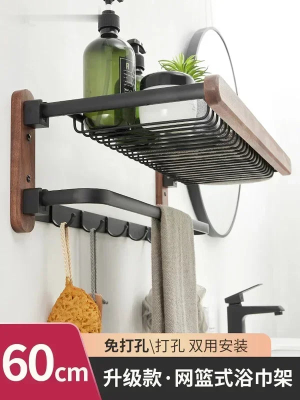 handmade Walnut Wood Towel Holder Non Punching Rack Waterproof Moisture-proof Bathroom Storager Foldable Shelves High Load-bearing Hanger
