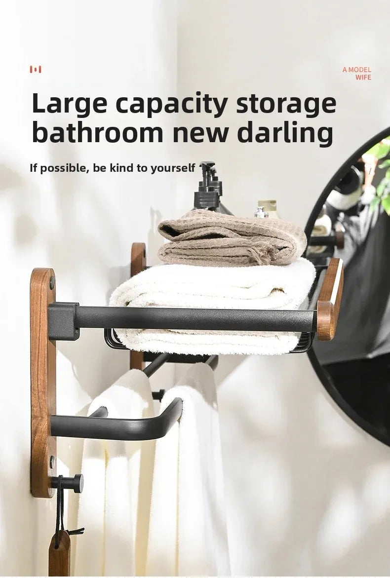 handmade Walnut Wood Towel Holder Non Punching Rack Waterproof Moisture-proof Bathroom Storager Foldable Shelves High Load-bearing Hanger