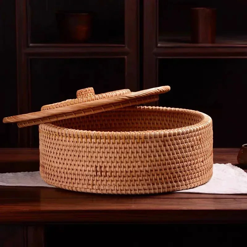 handmade rattan basket storage New Hand-woven Basket Primary Colours Simple Retro Rattan Storage Boxes with Lids Jewelry Tea Set Storage Boxes Household Items