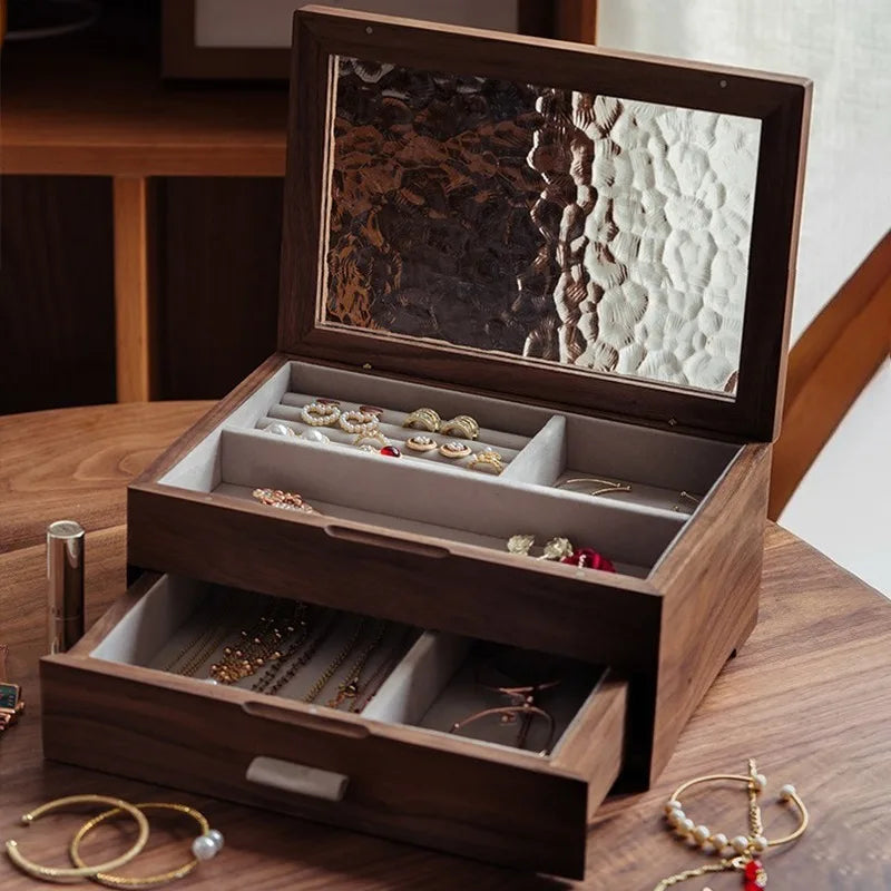 HANDMADE Solid Wood Jewelry Storage Box Large Jewellery Organizer Boxes Transparent Ring Earrings Cases Trinket Pendant Bracelet Case