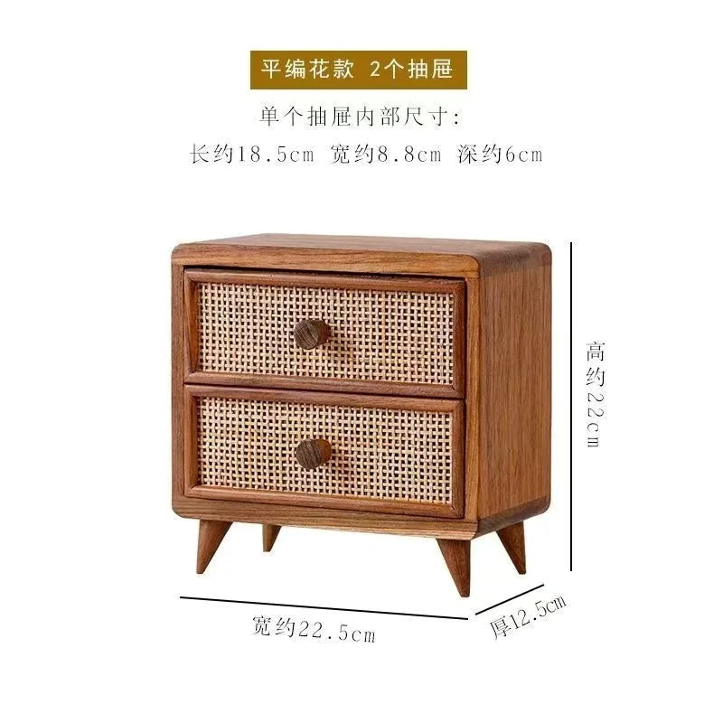 HANDMAME Desktop Wooden Storage Cabinet Retro Imitate Rattan Storage Box with Drawer Home Decor Sundries Organize Boxes Stationery Holder