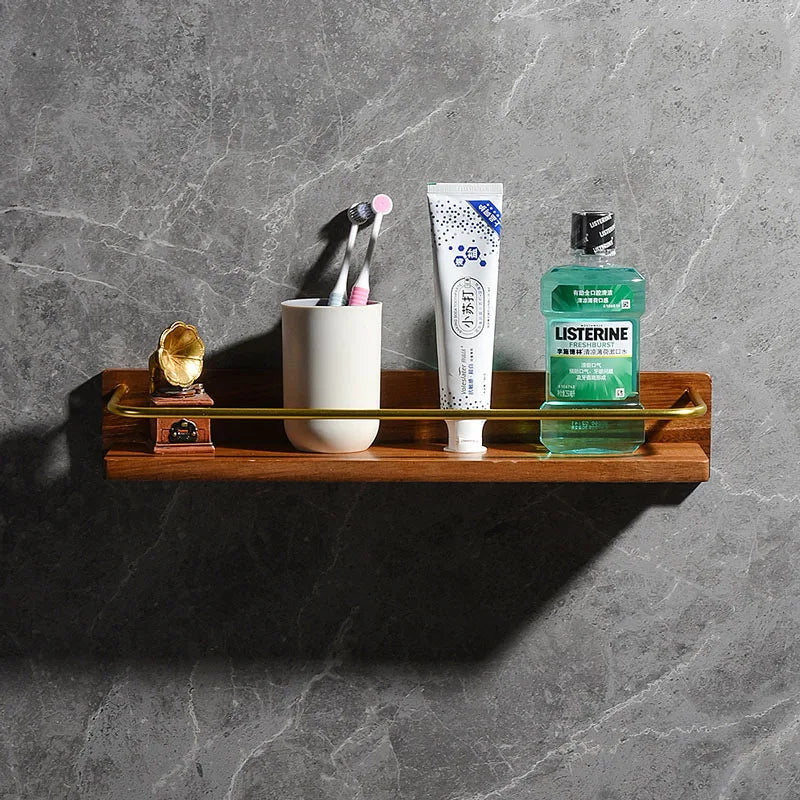 HANDMADE Wooden Bathroom Shelf Wall Bathroom Towel Rack With Hook Aluminum Shower Storage Rack Shampoo Holder Bathroom Accessories