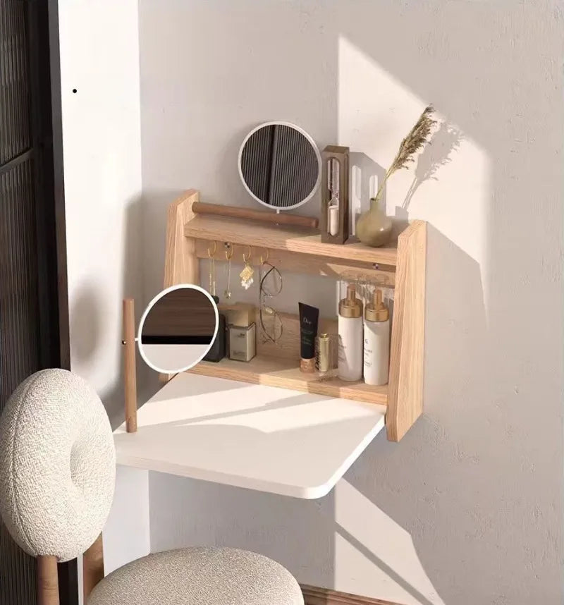 WOOD PINE HANDMADE WALL STORAGE Suspended Vanity Table Wooden Folding Dressing Tables Modern Makeup Desk Multipurpose Simple Dressers Desks Bedroom Furniture