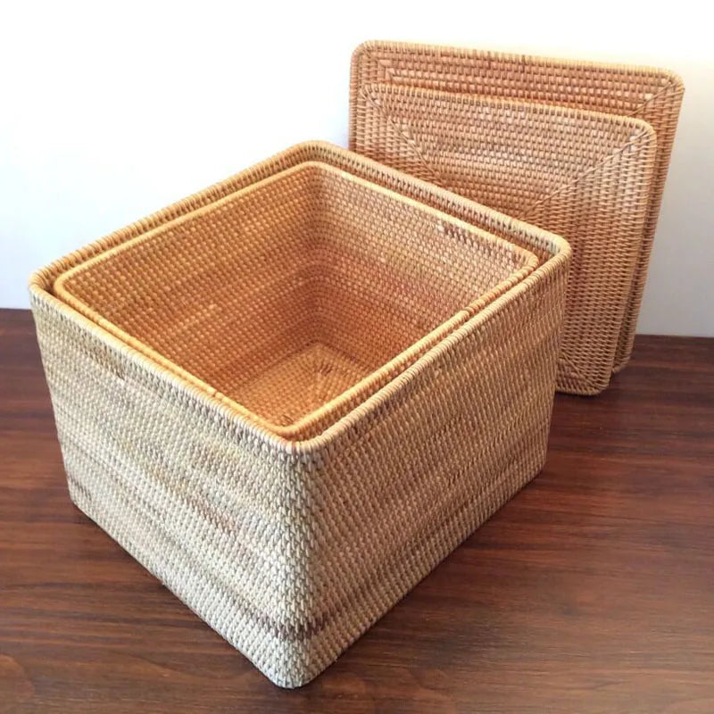 handmade Hand-Woven Rattan Laundry Basket with Cover Large Clothing Sundry Books Primary Color Storage Basket Home Supplies