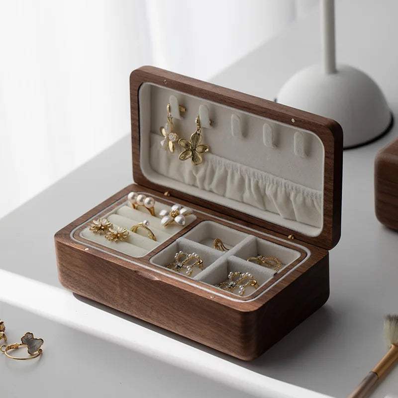 HANDMADE Double Layer Jewelry Box Wooden Cases Necklace Bracelets Earrings Storage Organizer Wedding Gift Black Walnut Wood Jewelry Boxes
