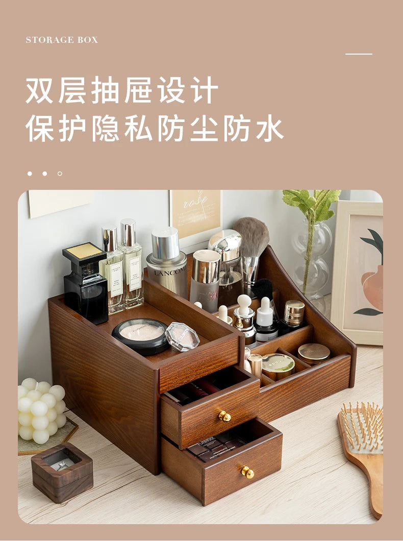 HANDMADE WOOK MAKEUP SOTRAGE ORGANIZER Clear Wood Texture Makeup Organizer Large Capacity Drawer Box Luxury Storage for Lipstick Mask and Skincare