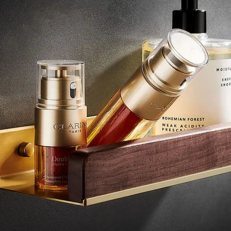 HANDMADE 30-50cm Brushed Gold Bathroom Corner Shelf Wall-mounted Shower Room Toilet Walnut Wood Cosmetic Storage Rack with Hook Rod