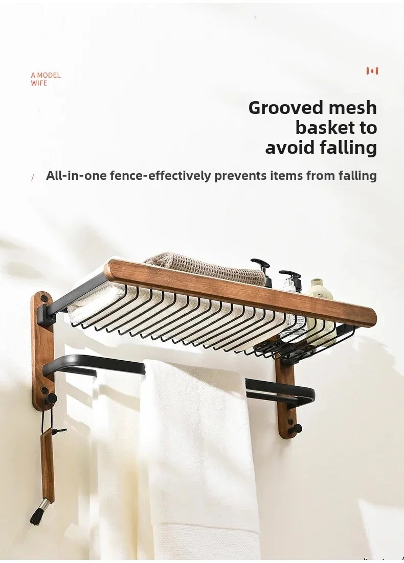 handmade Walnut Wood Towel Holder Non Punching Rack Waterproof Moisture-proof Bathroom Storager Foldable Shelves High Load-bearing Hanger