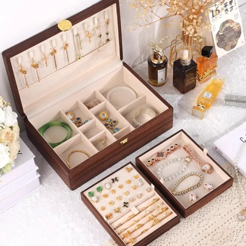 HANDMADE olid Wood Jewelry Box Portable Travel Jewellery Boxes Large Capacity Lock Jewelry Cases Earrings Bracelet Casket for Jewellery