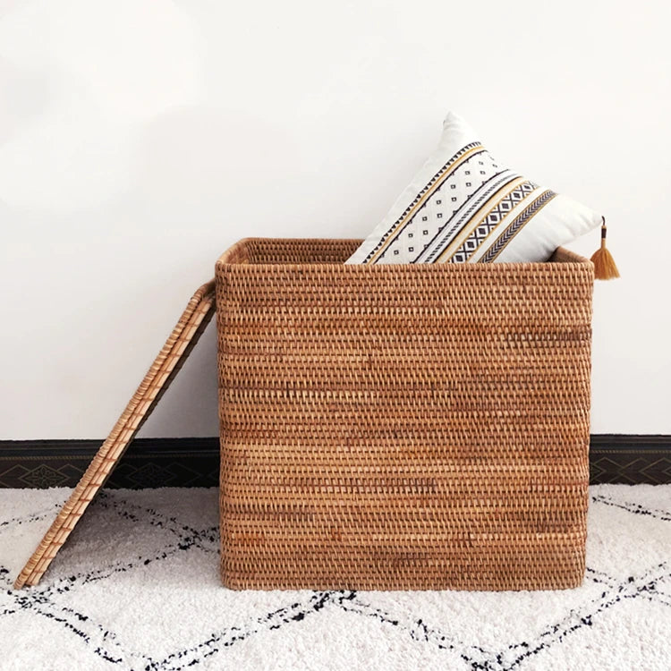 handmade Hand-Woven Rattan Laundry Basket with Cover Large Clothing Sundry Books Primary Color Storage Basket Home Supplies