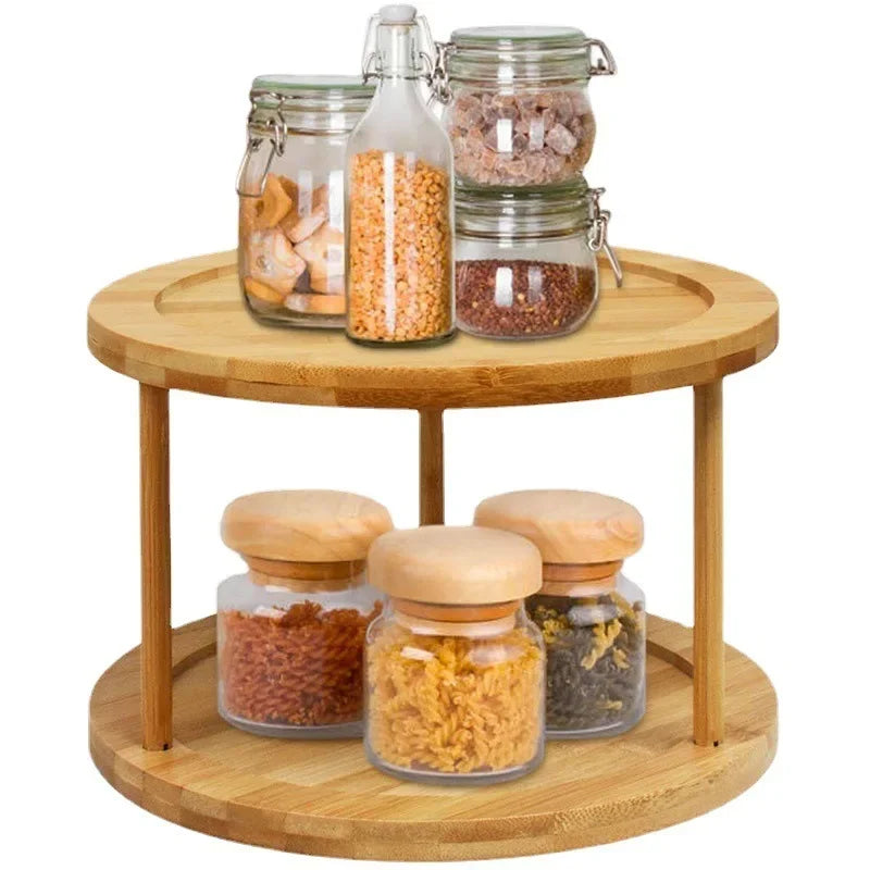 HANDMADE Bamboo turntable spice rack 2-layer bamboo kitchen counter top cabinet, rotary condiment storage box, cosmetics shelf