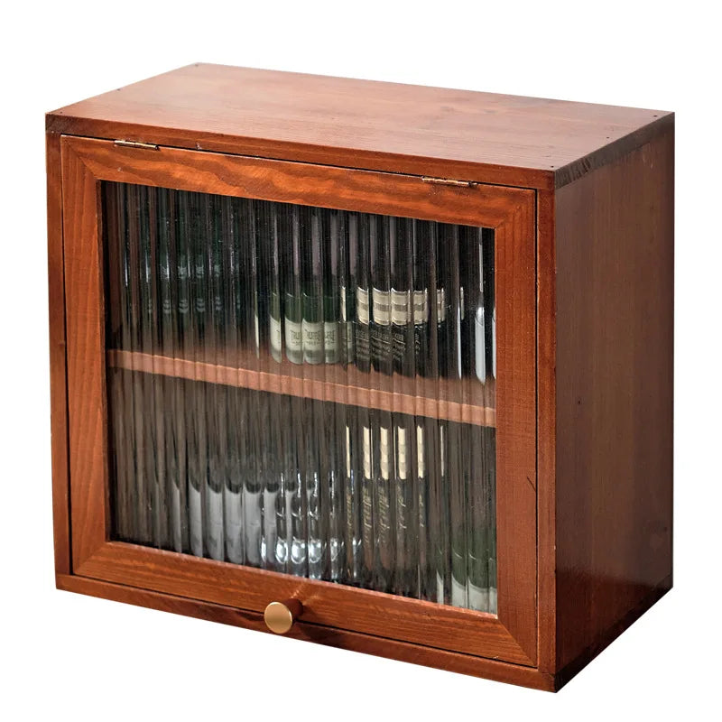 HANDMADE Cosmetic storage cabinet Changhong glass small cabinet clamshell cabinet door solid wood desktop retro European double-layer sto