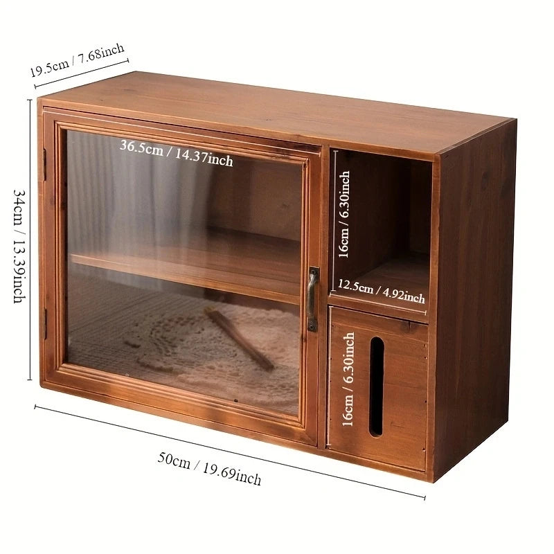 HANDMADE Office storage shelf with tissue box Retro double wooden tea set desktop storage box Cup dustproof cabinet storage box