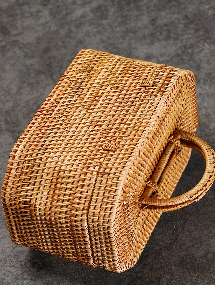 handmade Handwoven Rattan Storage Box with Handle Wicker Ornament Box Tea set Container Picnic Bread Fruit Cake Basket Kitchen Organizer