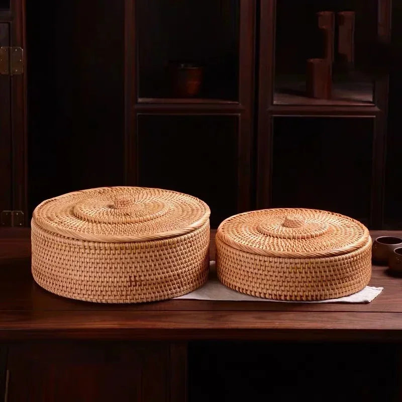 handmade rattan basket storage New Hand-woven Basket Primary Colours Simple Retro Rattan Storage Boxes with Lids Jewelry Tea Set Storage Boxes Household Items