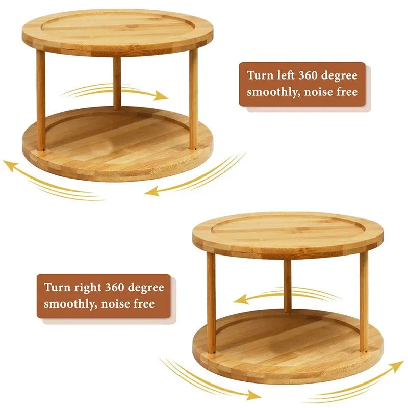 HANDMADE Bamboo turntable spice rack 2-layer bamboo kitchen counter top cabinet, rotary condiment storage box, cosmetics shelf