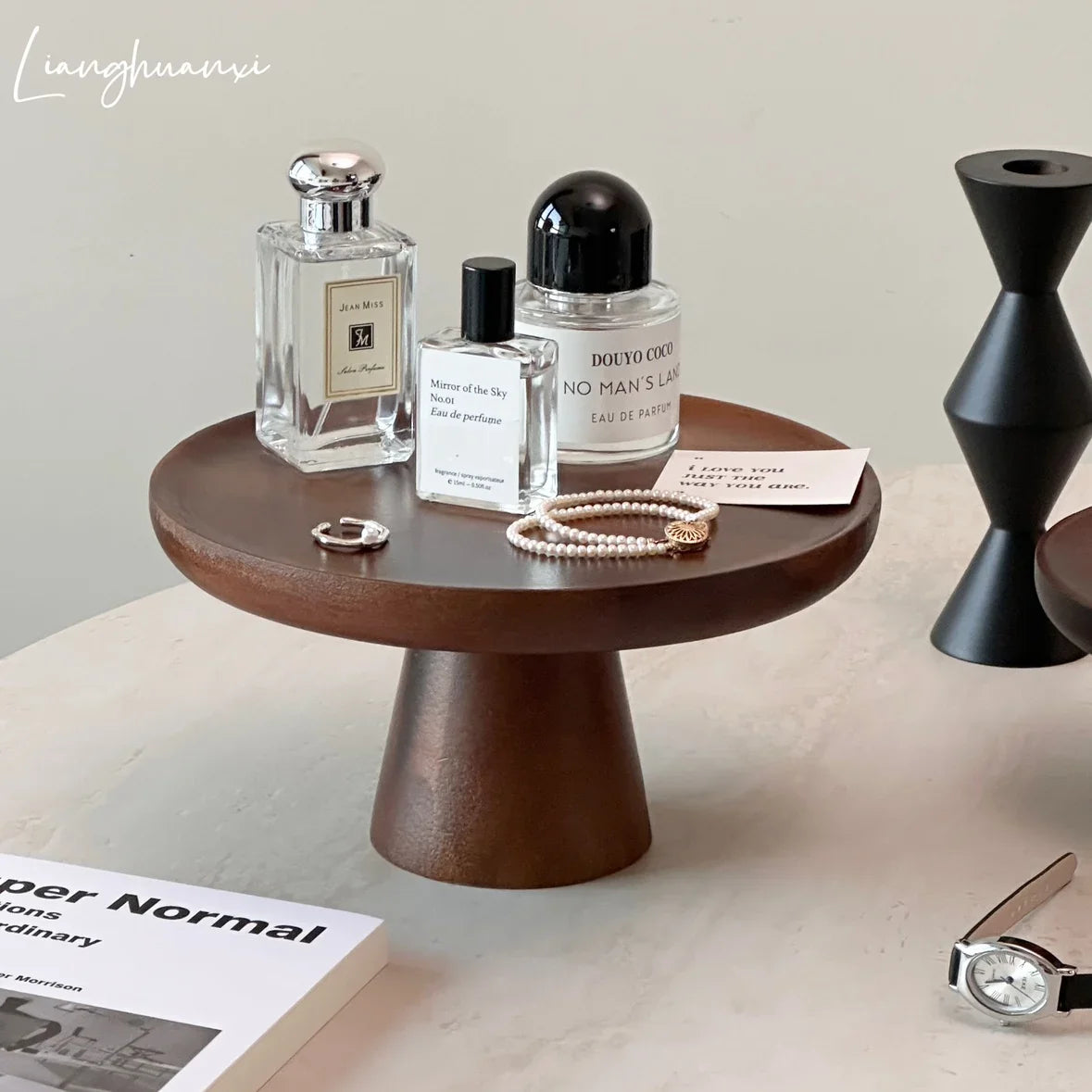 handmade Solid Wood Perfume Rack Living Room Dim Sum Dish Retro High Foot Jewelry Tray Walnut Color Dessert Table Display Wood Fruit Tray
