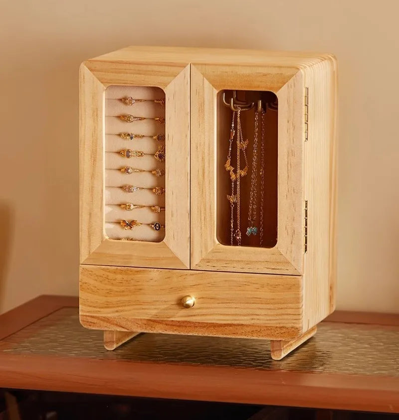 DUPLI HANDMADE Solid Wood Jewelry Box Transparent Glass Retro Showcase Boxes Necklace Earring Bracelet Storage Case Display Organizer Supplies