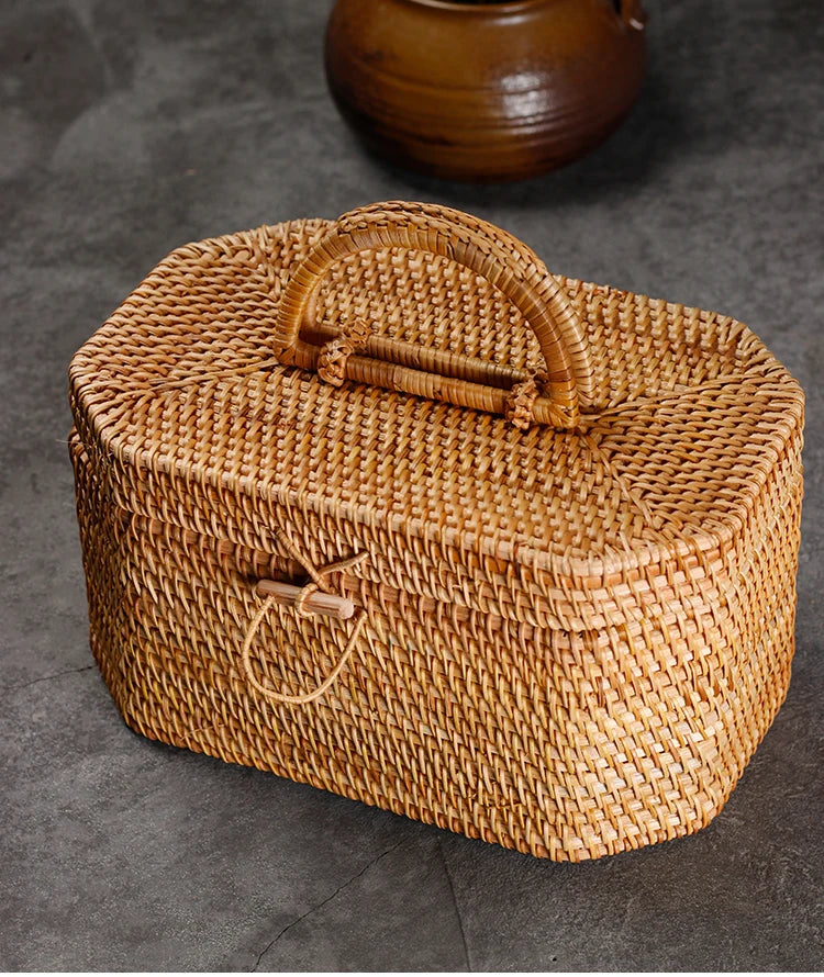 handmade Handwoven Rattan Storage Box with Handle Wicker Ornament Box Tea set Container Picnic Bread Fruit Cake Basket Kitchen Organizer