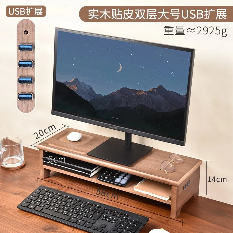 HANDMADE OAK WOOD SCREEN HOLDER WITH CHARGERS Desktop Monitor Riser Office Computer Stand with USB Extension Solid Wood Drawer Organizer Space-Saving Storage Frame for Desk