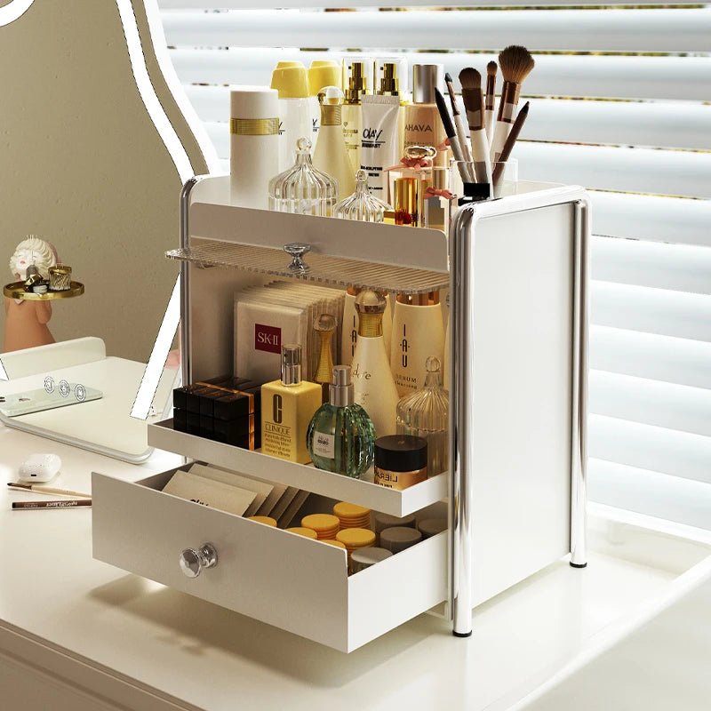 H‌ANDMADE Luxury Dust-Proof Makeup Organizer Box Multi-Tier Vanity Storage Rack for Skincare Desktop & Bathroom Display Cabinet