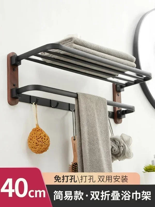 handmade Walnut Wood Towel Holder Non Punching Rack Waterproof Moisture-proof Bathroom Storager Foldable Shelves High Load-bearing Hanger