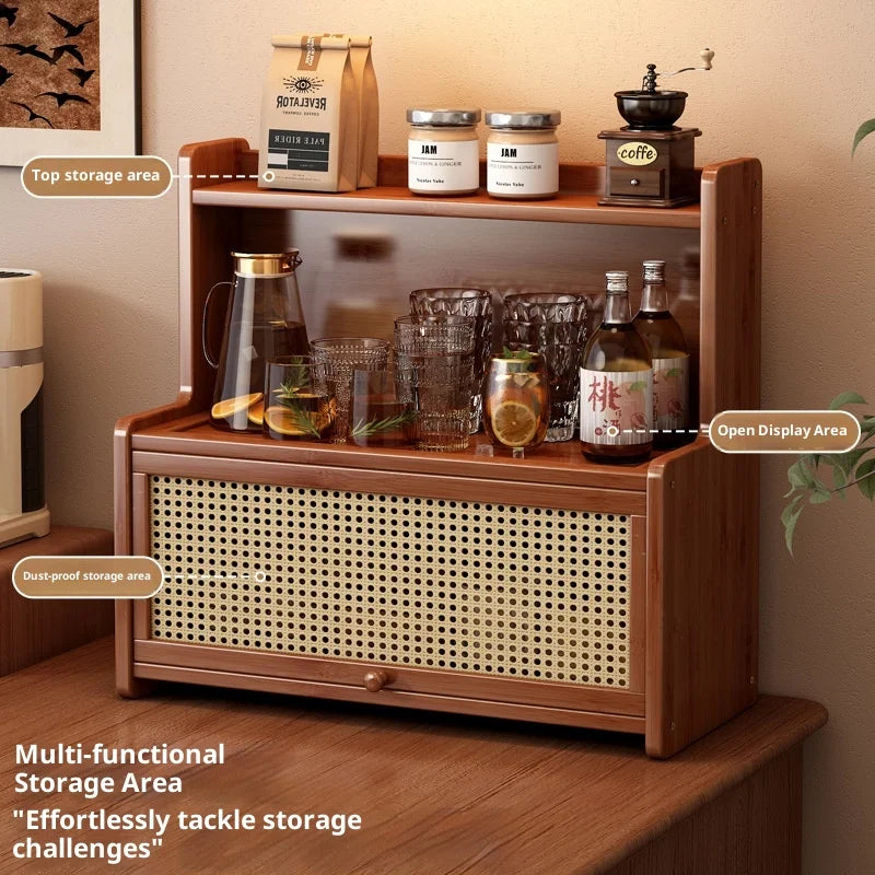 Multifunctional Bamboo Countertop Organizer Rack with Dustproof Door | Kitchen & Bathroom Storage Shelf