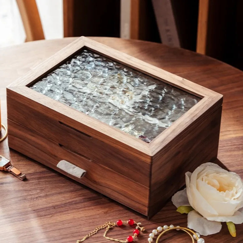 HANDMADE Solid Wood Jewelry Storage Box Large Jewellery Organizer Boxes Transparent Ring Earrings Cases Trinket Pendant Bracelet Case