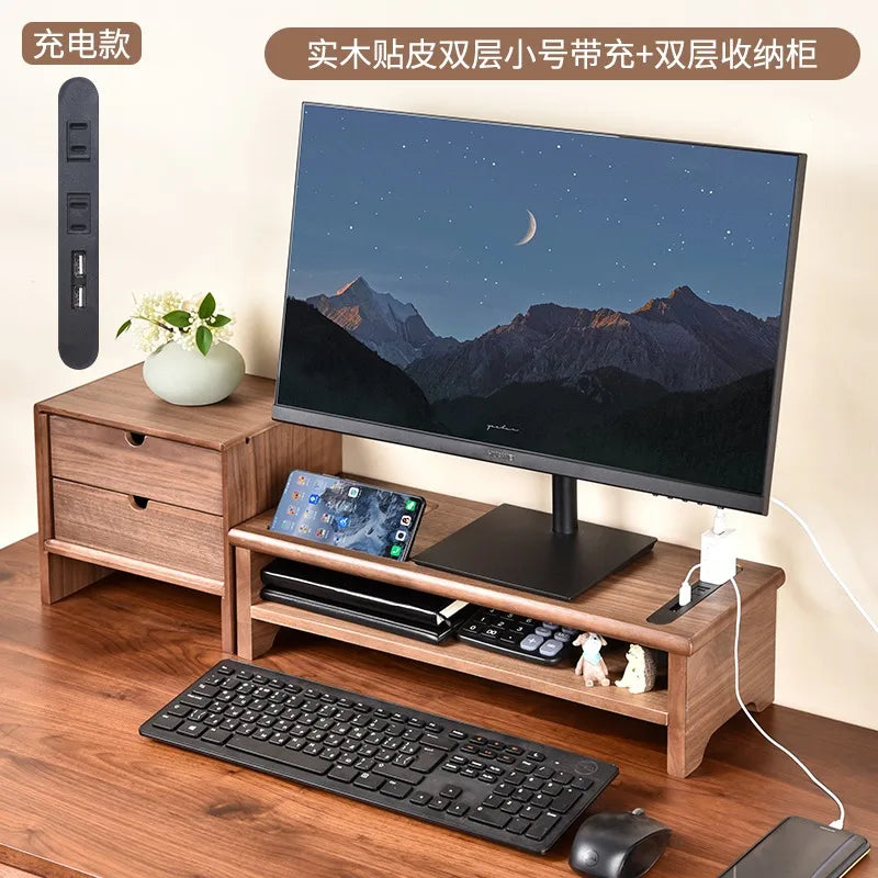 HANDMADE OAK WOOD SCREEN HOLDER WITH CHARGERS Desktop Monitor Riser Office Computer Stand with USB Extension Solid Wood Drawer Organizer Space-Saving Storage Frame for Desk