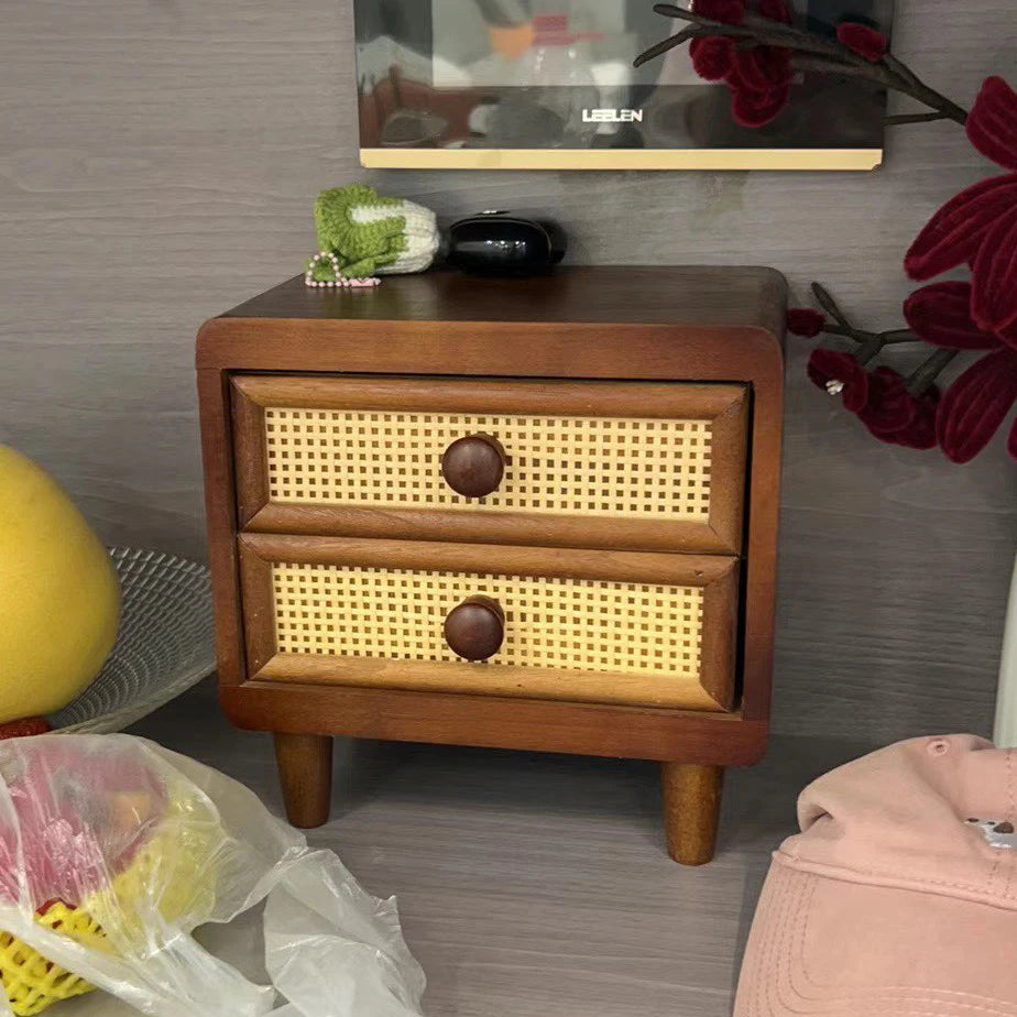HANDMAME Desktop Wooden Storage Cabinet Retro Imitate Rattan Storage Box with Drawer Home Decor Sundries Organize Boxes Stationery Holder