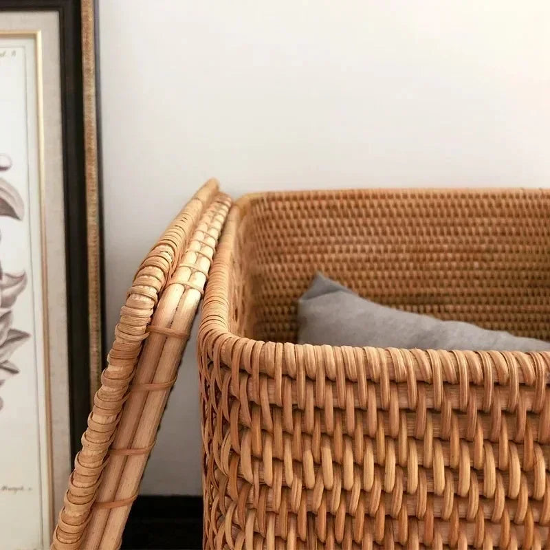 handmade Hand-Woven Rattan Laundry Basket with Cover Large Clothing Sundry Books Primary Color Storage Basket Home Supplies
