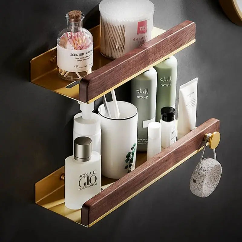 HANDMADE 30-50cm Brushed Gold Bathroom Corner Shelf Wall-mounted Shower Room Toilet Walnut Wood Cosmetic Storage Rack with Hook Rod
