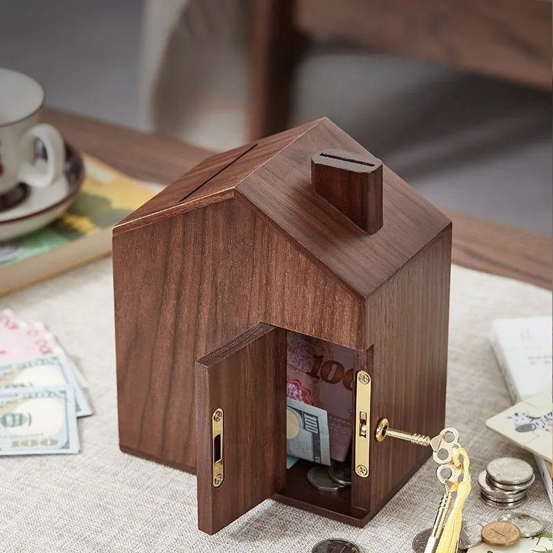 HANDMADE WALNUT MONEY SAVER Wooden Piggy Bank Decorative Money Box Creative Children Piggy Banks Multifunctional Money Saving Boxes with Lock Decoration