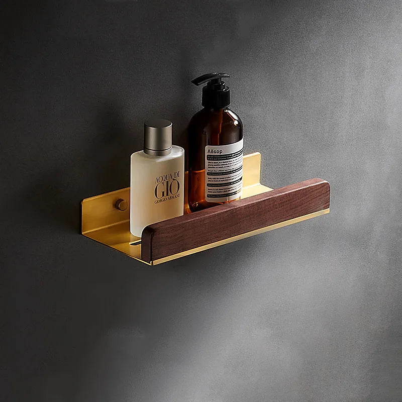 HANDMADE 30-50cm Brushed Gold Bathroom Corner Shelf Wall-mounted Shower Room Toilet Walnut Wood Cosmetic Storage Rack with Hook Rod