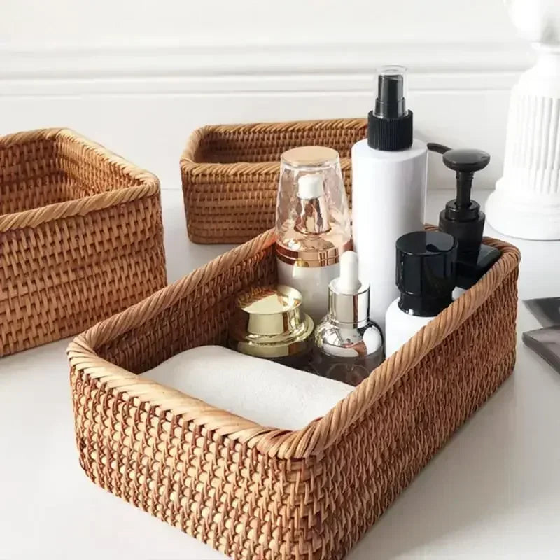 handmade Handwoven Rectangular Rattan Wicker Basket Fruit Tea Snack Bread Picnic Cosmetic Storage Box Kitchen Supplies Household Tools