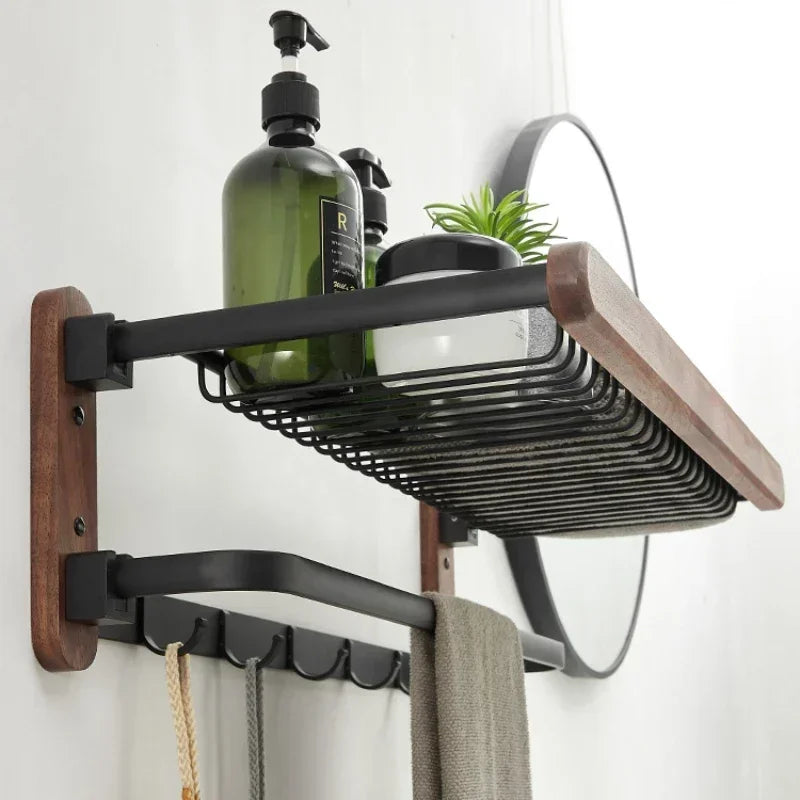 handmade Walnut Wood Towel Holder Non Punching Rack Waterproof Moisture-proof Bathroom Storager Foldable Shelves High Load-bearing Hanger