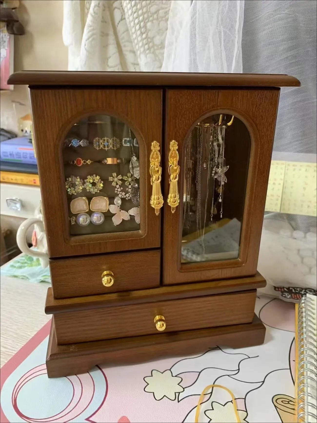 HANDMADE Retro Wooden Jewelry Storage Box High-end Earrings Necklaces Rings Storage Holder Rack Dustproof Cabinet Desktop Showcase
