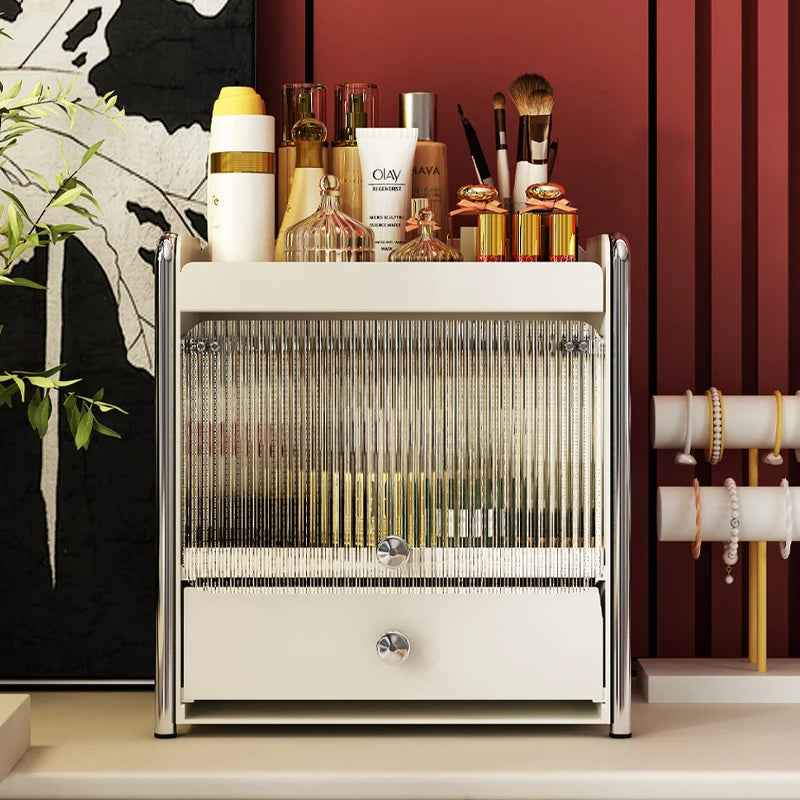 H‌ANDMADE Luxury Dust-Proof Makeup Organizer Box Multi-Tier Vanity Storage Rack for Skincare Desktop & Bathroom Display Cabinet