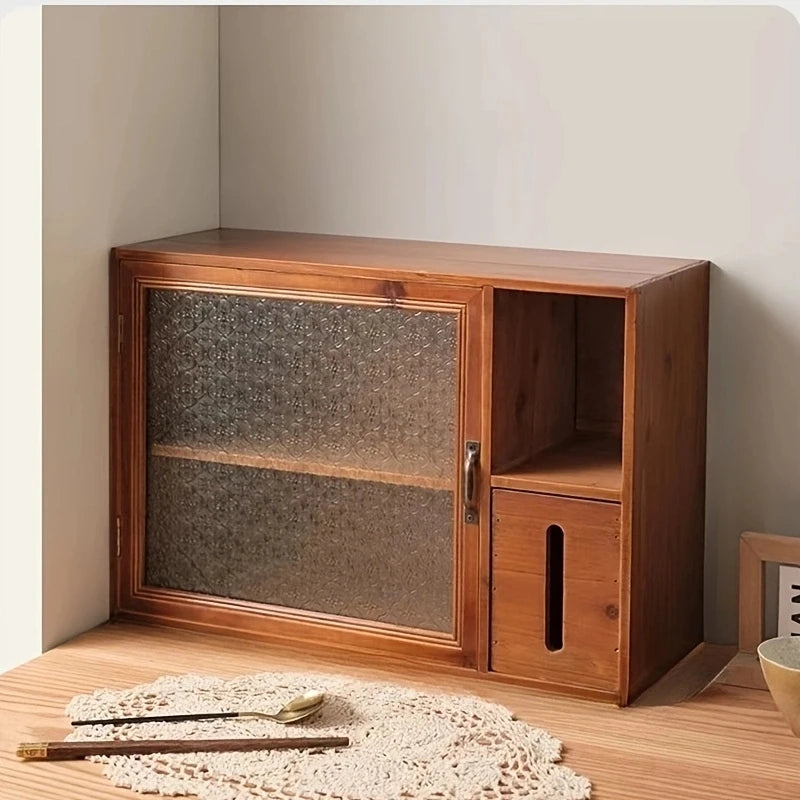 HANDMADE Office storage shelf with tissue box Retro double wooden tea set desktop storage box Cup dustproof cabinet storage box
