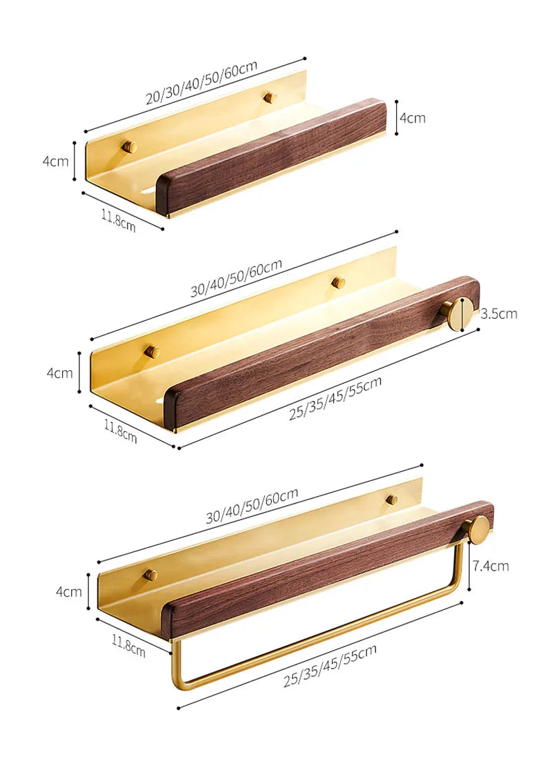 HANDMADE 30-50cm Brushed Gold Bathroom Corner Shelf Wall-mounted Shower Room Toilet Walnut Wood Cosmetic Storage Rack with Hook Rod