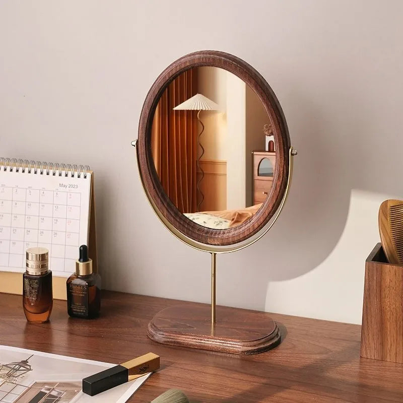 HANDMADE Espejo Decorativo Retro Chinese Style Wooden Vanity Mirror Rotatable Desktop Vanity Mirror Simple Dormitory Desktop Ornament